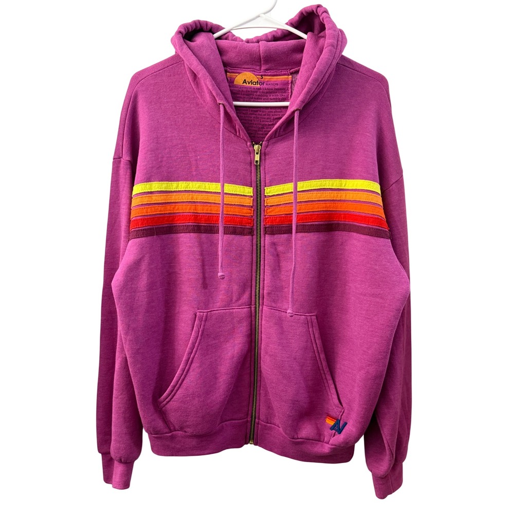 Aviator Nation Pink 5-Stripe Full Zip Hoodie Size S Made in USA Cozy Streetwear